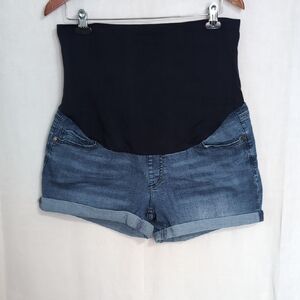 Time and Tru Blue Cuffed Jean Shorts Large Elastic Belly Band Maternity Size L